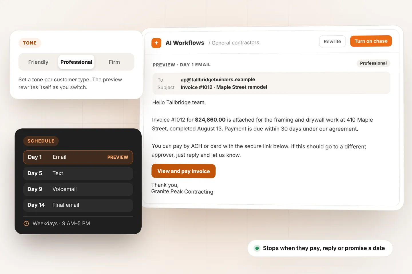 The chase preview: the Day 1 email to Tallbridge Builders for the Maple Street remodel, with the tone set to Professional and the schedule of email, text, voicemail and final email.