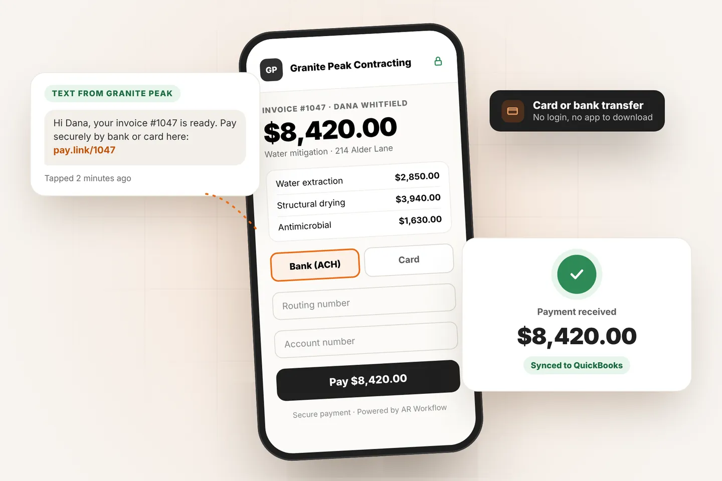 What the customer sees after tapping the payment link: invoice #1047 for $8,420.00 with bank transfer and card options, then Payment received, synced to QuickBooks.